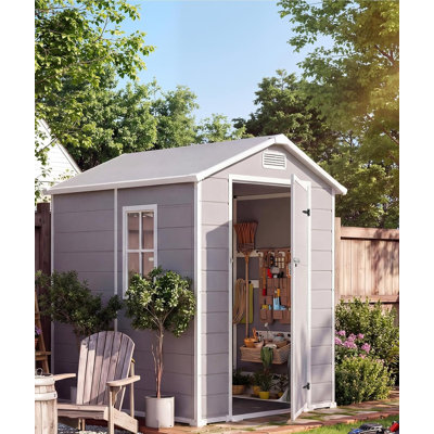 Resin Outdoor Storage Sheds 4x6 ft, Upgraded Double-Wall Outdoor Plastic Shed with Window, Waterproof Lockable Garden Shed for Patio Furniture, Lawn Mower, Bike and Tool Storage