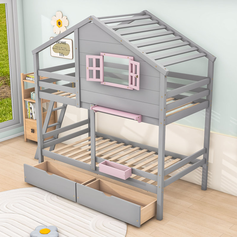 Playhouse-Inspired Twin Over Twin Bunk Bed With Drawers, Gray