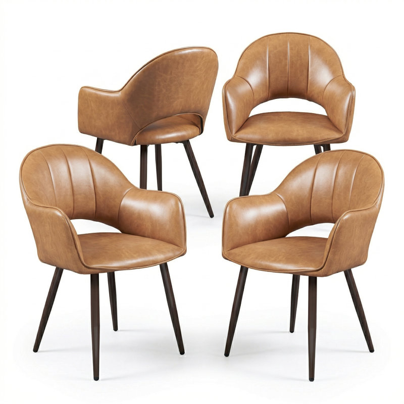 Olivas Mid-Century Modern Faux Leather Dining Chairs with Arms, Upholstered Kitchen & Dining Room Chairs (Set of 4)