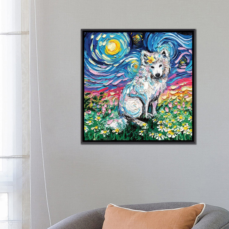 Reproduction d’art « Samoyède II » par aja Trèves, Pas de tapis, Toile avec cadre noir patiné, H 26 po x l 26 po x P 1,5 po