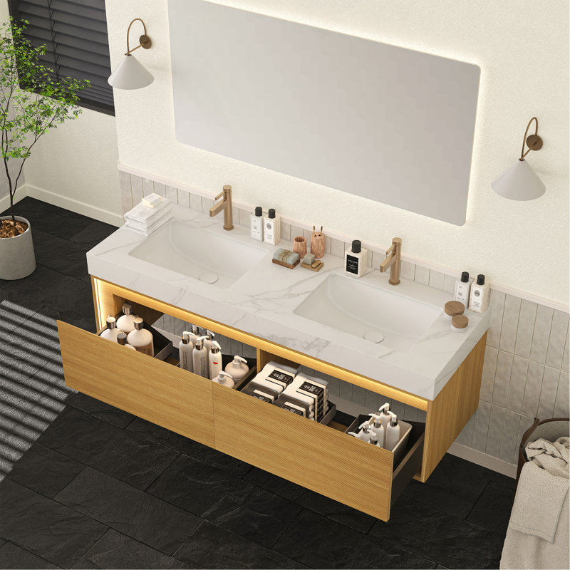 Meuble-lavabo 60 po, meuble-lavabo flottant ultra-mince en contreplaqué, tiroirs et capteur de lumière, plateau en pierre frittée blanc de Carrare et 2 lavabos encastrés en céramique