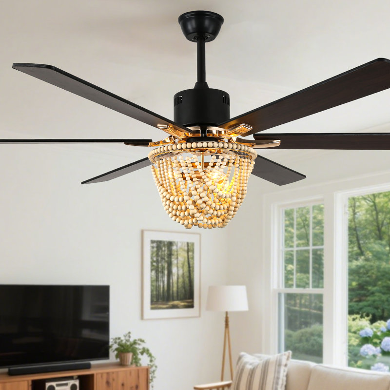 Grand ventilateur de plafond noir 65 po avec ensemble d'éclairage et moteur réversible à 6 vitesses Bohemia