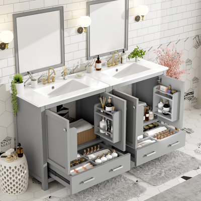 Meuble-lavabo gris 60 po, double vasque, espace de rangement et charnières silencieuses - Tablette et tiroirs de style fonctionnel
