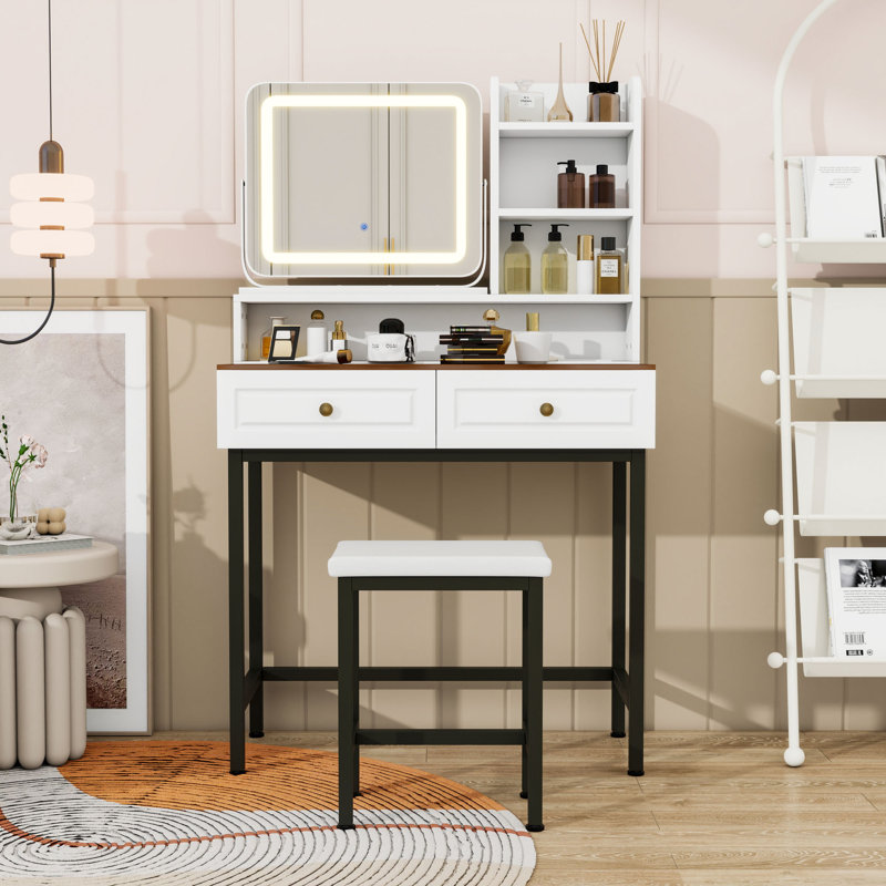 Coiffeuse de maquillage avec miroir lumineux à DEL, tiroirs, tablettes et prise de courant