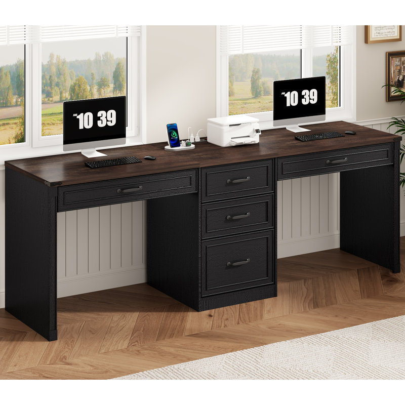 80.9" Executive Computer Desk With Power Outlet And 5 Drawers, Large Home Office Writing Desk With File Drawer And Metal Handles, Rustic Brown