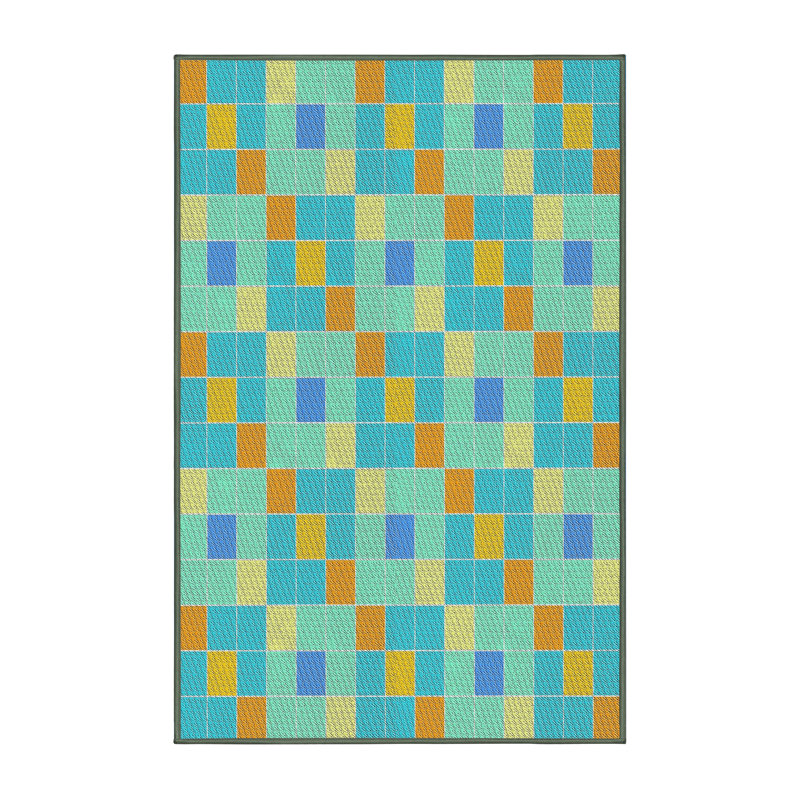 Tapis bleu / brun en laine et polyester tissé à la machine à motif géométrique, Rectangle 5 pi x 7 pi