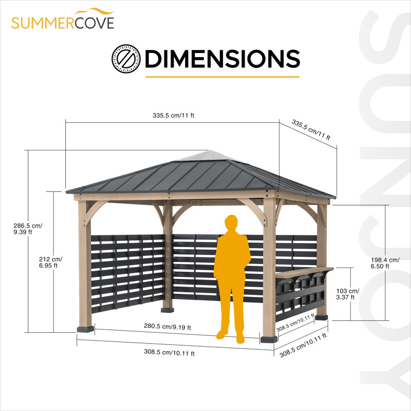 Cameron 11 ft. Cedar Wood Gazebo with Steel Roof and Bar Shelf