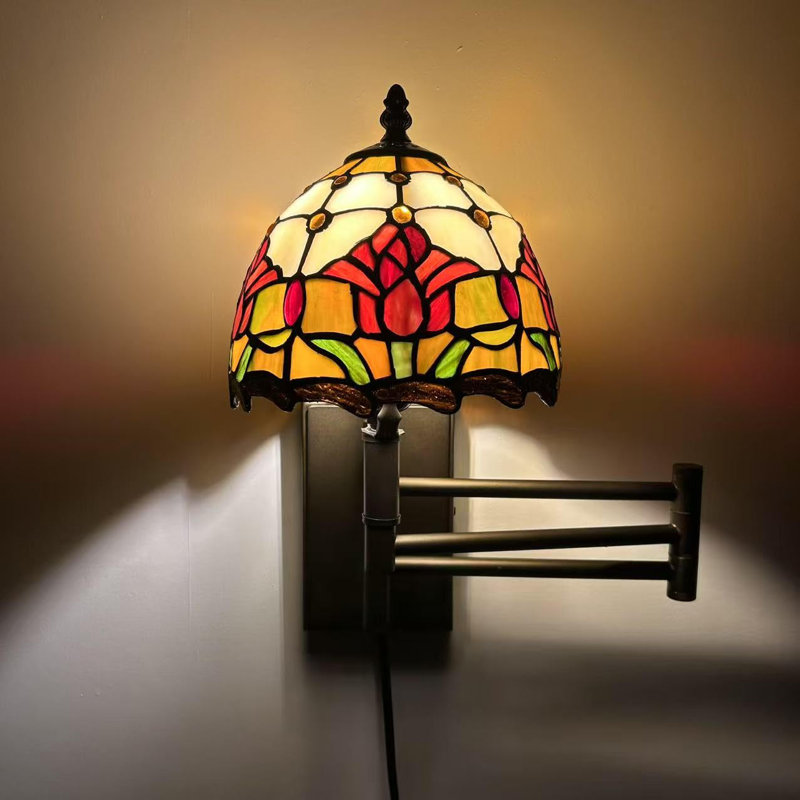 Tiffany Sconce Lamp Plug in Swing Arm Stained Glass Purple Tulips LED Bulb Included 13”W*8”D*15”H, Red/Yellow/Orange