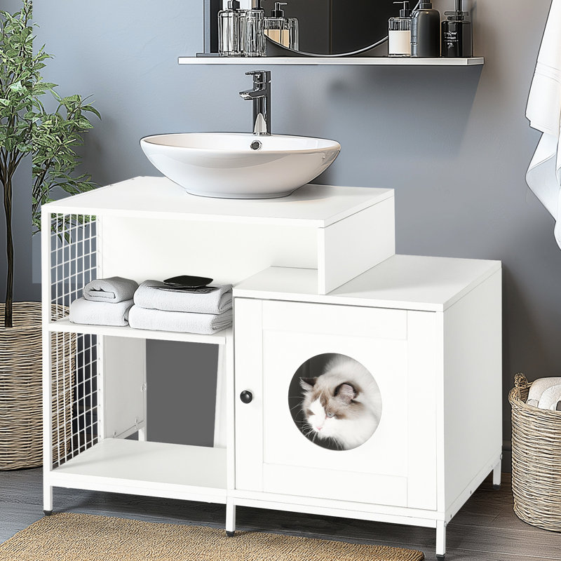 Boîtier de litière pour chat blanc, grande salle de bain avec rangement, fixation sous l'évier, panneau de particules P2 caché dans la salle de bain, rangement, solution,