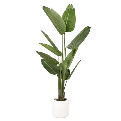 Realistic Artificial Bird of Paradise Faux Plant in a White Pot for Indoor Living Room or Office - 60"