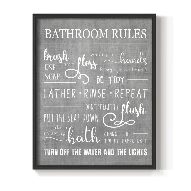Neutral Bathroom Rules Framed Print - Solid Wood, Black, 11" H x 9" W