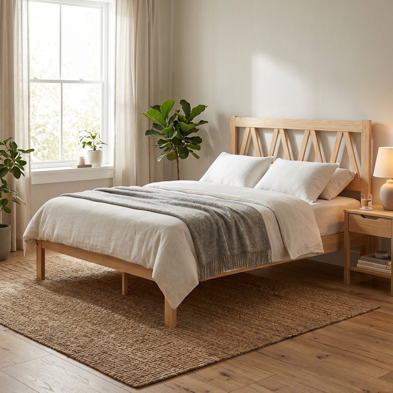 Lit plateforme en bois massif, cadre de lit avec tête de lit et lattes en bois, Grand lit