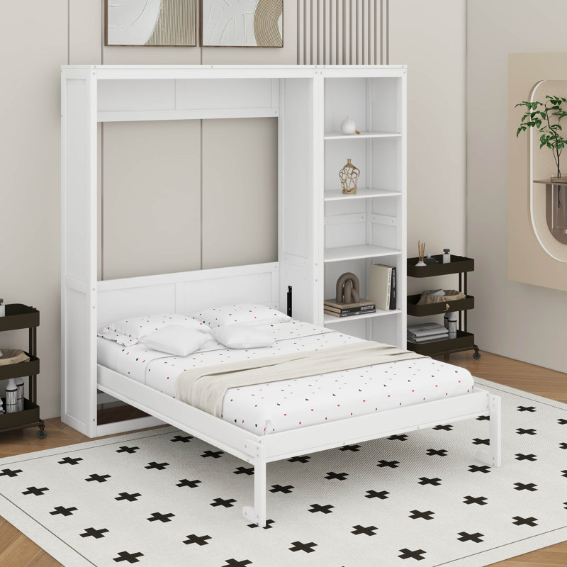 Grand lit escamotable avec tablettes, Blanc