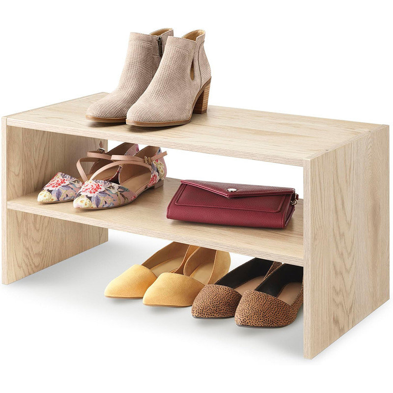 Shoe Rack Wood Stackable 2-Shelf, Light Brown