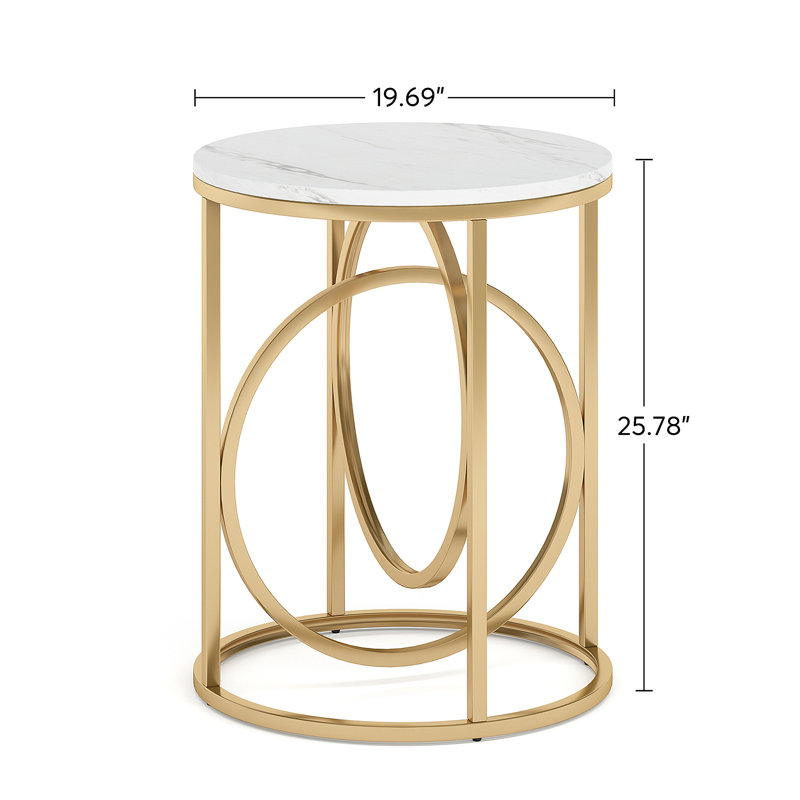Table de bout ronde de 20 po pour le salon, table d'appoint en marbre moderne avec structure en métal doré, table d'appoint blanche et dorée, table de chevet étroite de 26 po de hauteur pour la chambre à coucher