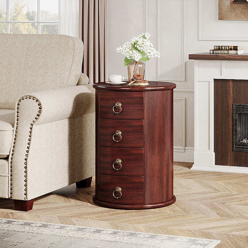 Solid Wood Round Nightstand Table With 4 Drawers, Cherry Brown