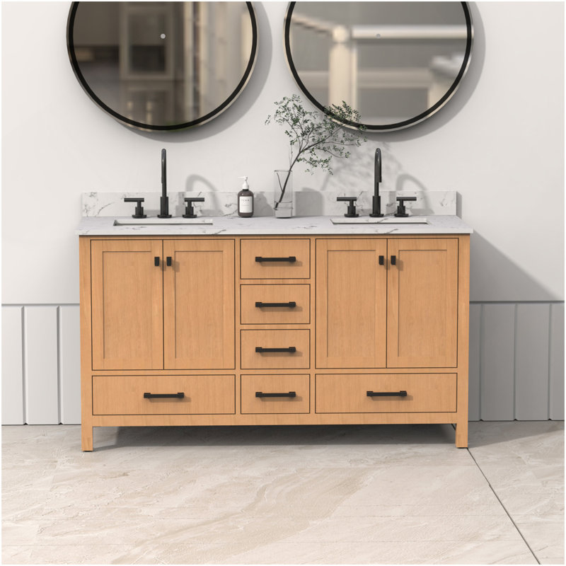60'' Bathroom Vanity, Wood Frame Bathroom Storage Cabinet, Freestanding Vanity Top With Double Basin Natural Oak, Brown