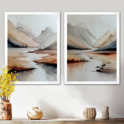 «Watercolor River Drift Mountains - River», reproduction d'art sur toile encadrée 2 pièces