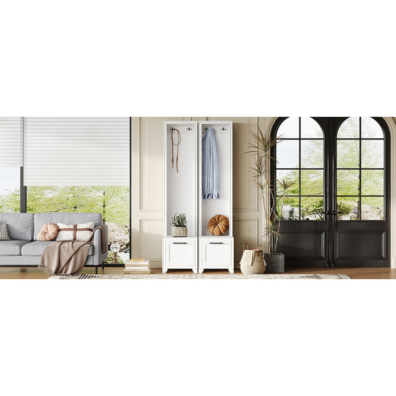 Elegant Free Standing Hall Tree Set Of 2, Multifunctional 3-IN-1 Entryway Coat Rack With Black Retro Handles, Seating Bench With Storage Drawers For Hallway, Living Room, 31.4"W*70.8"H
