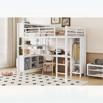 Lit mezzanine double en métal avec garde-robe, bureau en L et rangement, parfait pour les enfants, les adolescents et les adultes en blanc