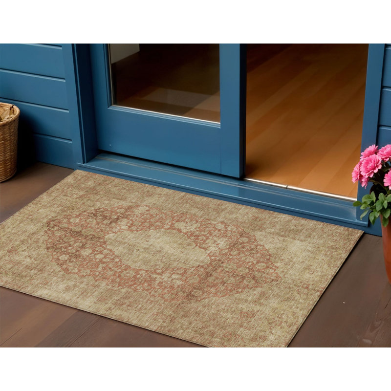 Tapis intérieur / extérieur 3 pi x 5 pi lavable en médaillon rouille et beige
