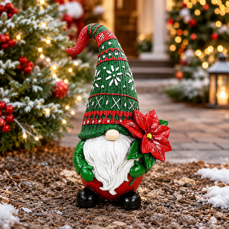 Statue de gnome de Noël verte de la société Corporation avec fleur