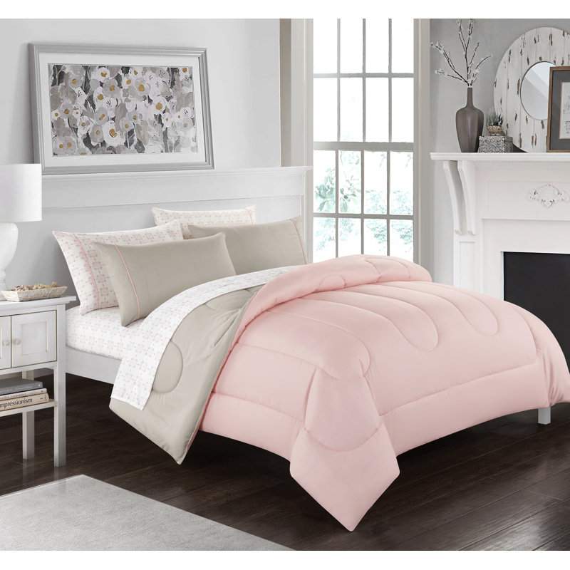 Blush and Beige Queen Reversible Polyester Comforter Set