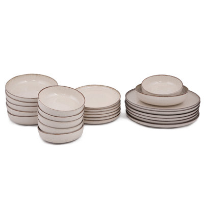Cinnamon 24-Piece Dinner Set, 100% Porcelain | Includes 6 Service Plates (10.6 x 10.6 x 1.0 in), 6 Plates (7.9 x 7.9 x 2.0 in), 6 Bowls (5.9 x 5.9 x 1.6 in), 6 Dessert Plates (7.5 x 7.5 x 1.0 in) | Dishwasher & Microwave Safe, Stylish & Durable