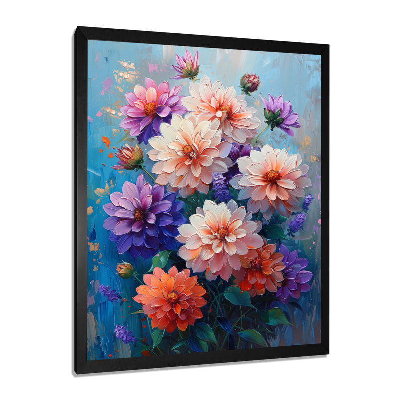 Danse des fleurs de dahlia rose bleu, collage II - décoration murale Dahlia, Cadre flottant doré, H 30 po x l 40 po