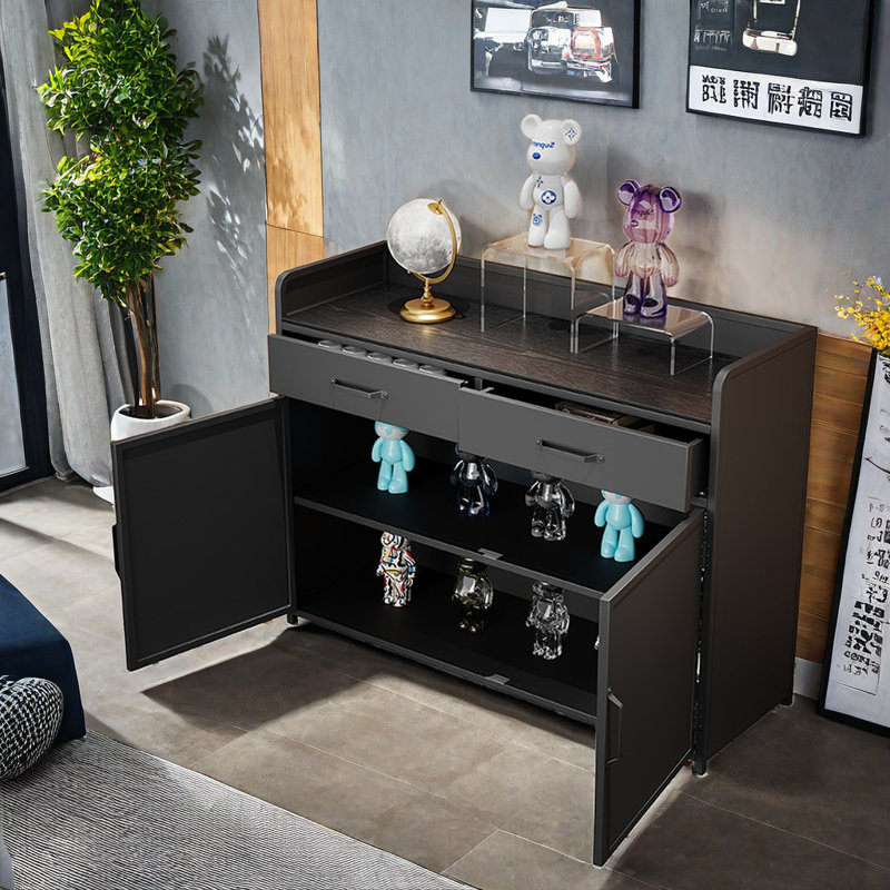 Buffet industriel moderne avec plateau en bois, Noir