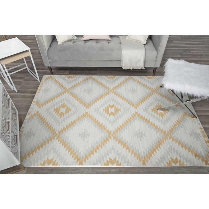 Tapis à motif tribal Mecca Bodrum BubbleGum, Rectangle 8 pi 9 po x 12 pi, Ivoire / orange / gris