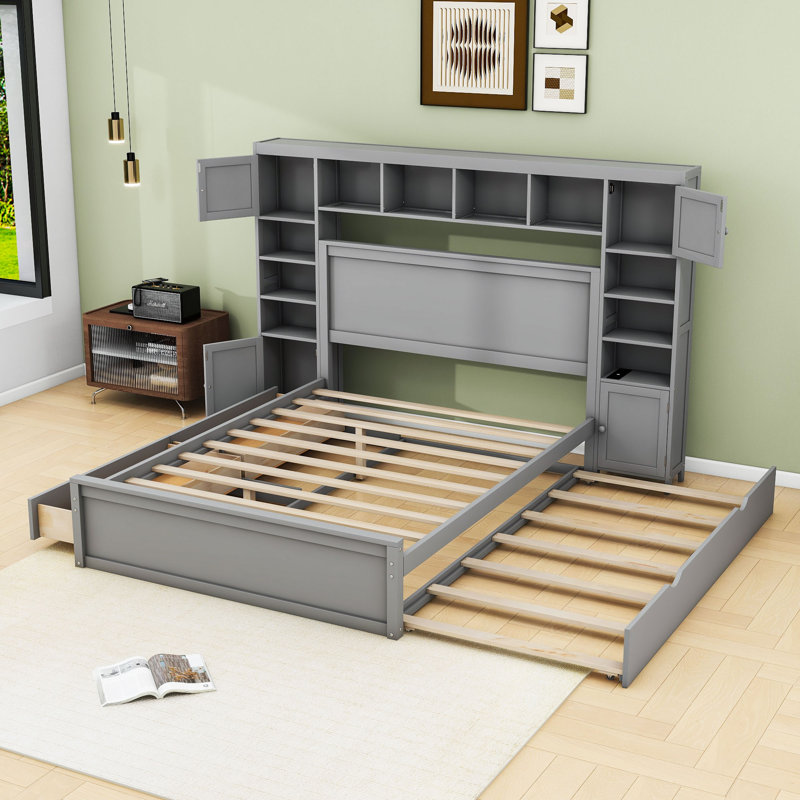 Wood Platform Bed with Built-in Outlets and Ample Storage, Queen, Gray