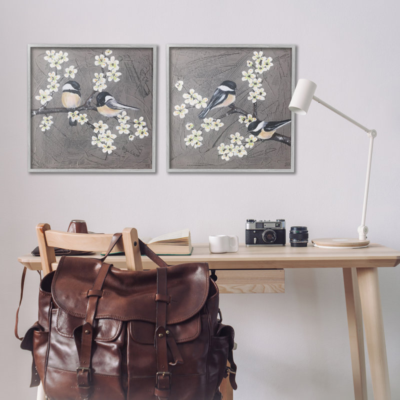 «Chickadee Birds Flowering Branch», ensemble de 2 giclées par Jade Reynolds, Estampe numérique Farmhouse, H 17 po x l 17 po