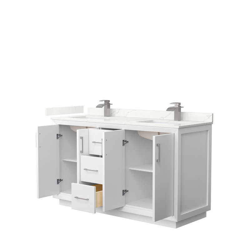 Strada 60'' W Double Vanity, Giotto Quartz, White, Brushed Nickel