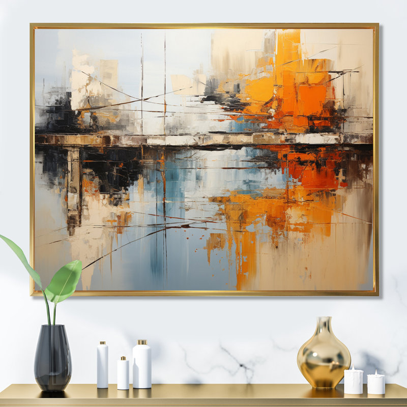 Collage de flux vert, orange et audacieux - imprimé, Cadre flottant doré, H 30 po x l 40 po x P 1,5 po