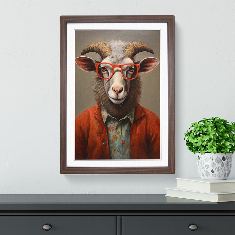 Ram Sheep With Glasses Painting - Single Picture Frame Print on Wood, Walnut Framed, 46cm H x 34cm W x 2cm D