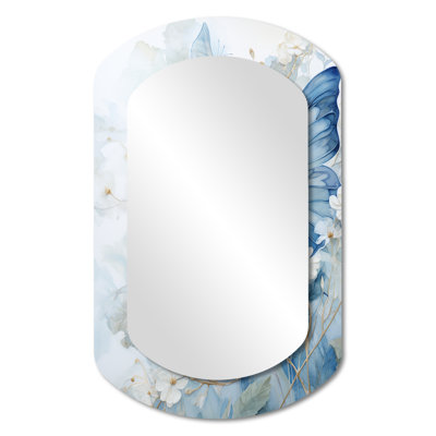 Massie Blue Butterfly Whispering Wings II - Butterfly Asymmetrical Decorative Wall Mirror, Blue Cylinder Large Mirror, Printed Metal Art