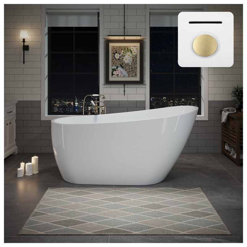 60" Freestanding Acrylic Bathtub with Pop-Up Drain and Integrated Overflow, Glossy White Finish, Brushed Gold Drain Cover