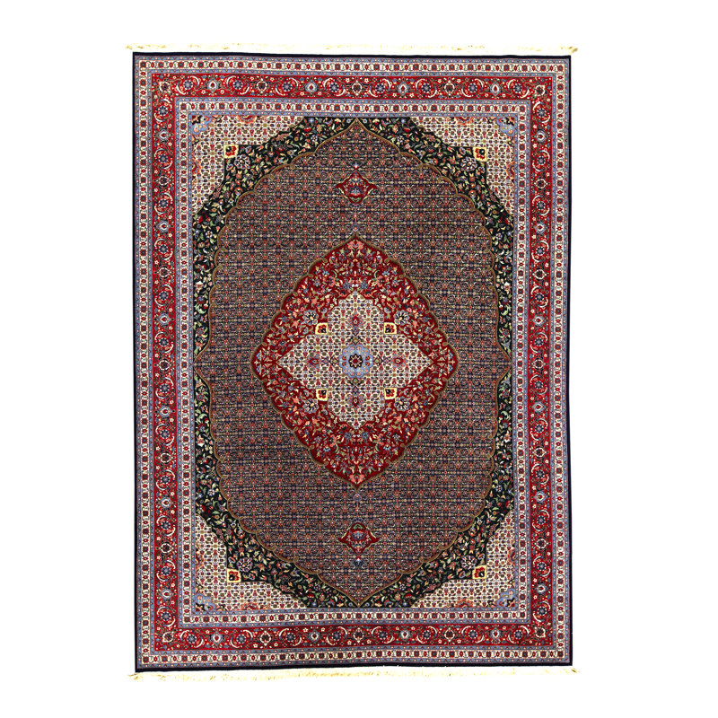 Tapis bleu marine et rouille de haute qualité noué à la main