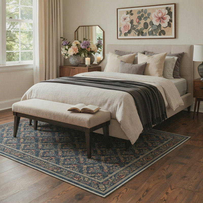 Floral Vines Machine Washable Slate Navy Indoor Area Rug With Non-Slip Backing, Rectangle 9' x 12'
