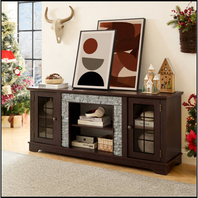 70" Modern TV Stand with 2-Door Storage, Faux Stone Media Console Cabinet, Cherry Large Entertainment Center for Living Room