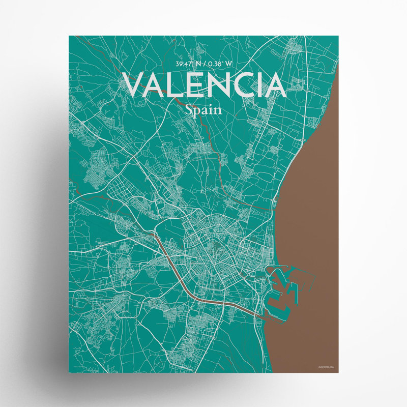Valencia, carte de la ville, impression, Vert / Brun, H 20 po x l 16 po