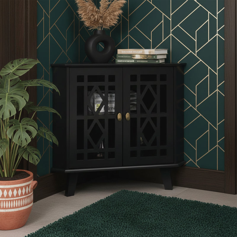 32" Wide Triangle Corner Storage Cabinet With 2 Carved Doors And Adjustable Shelf - Black, Black