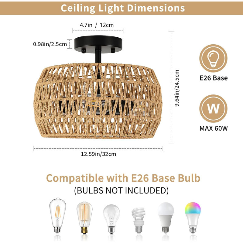 Boho Rattan Ceiling Light Fixture, Semi Flush Mount Chandelier, Farmhouse Coastal Wicker Lighting For Kitchen, Bedroom, Foyer, Nursery, Entryway