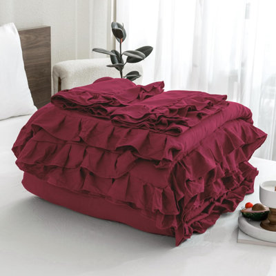 Ensemble d'édredon bourgogne pleine grandeur, ensembles de literie 3 pièces à volants de couleur unie Shabby Chic, ensemble de literie en microfibre douce et légère toutes saisons (édredon 79 x 90 et 2 taies d'oreiller)