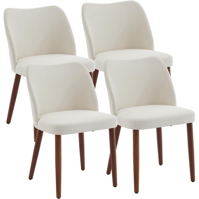 Upholstered Dining Chair with Wood Legs, Wing Backrest, Wooden Kitchen Chair with Thick Cushions, Tan, 4