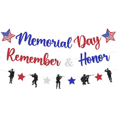 Memorial Day Decorations Remember & Honor Banner Glitter 4th Of July Garland Military Army Blue Red Silver Flag For Veterans Independence Patriotic Party Supplies Outdoor Indoor No Diy 250 Anniversary