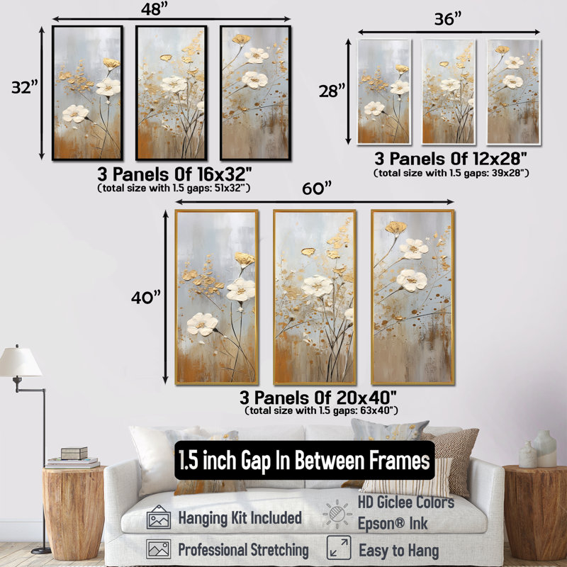 Fleurs sauvages beiges, élégance florale V - ensemble d'art mural sur toile fleurs sauvages, Cadre flottant noir