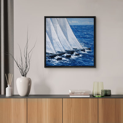 Sailing Yachts on Deep Blue Ocean Nautical Seascape Motion Scene Framed Canvas Master Bedroom Wall Art Work Print