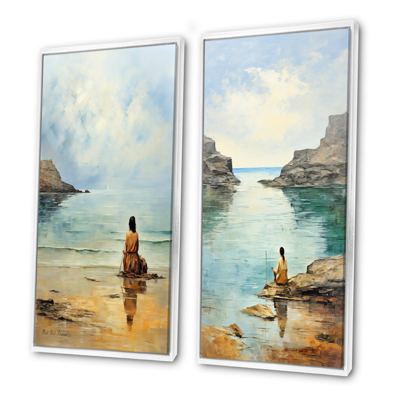 Meditation Serenity By The Sea I - Beach Art Wall Art, ensemble de 2, Cadre flottant blanc, H 32 po x l 33 po